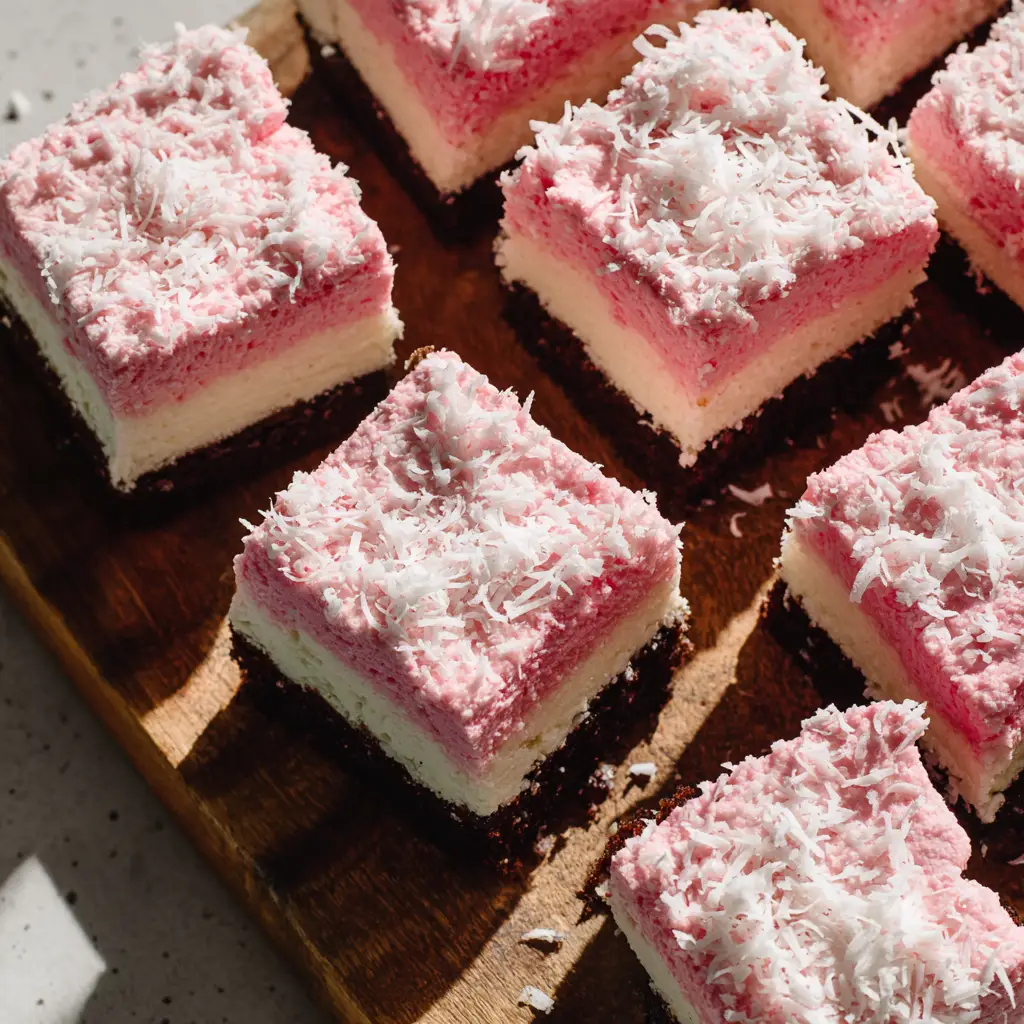 Pink Coconut Snowball Cake Bars (The Perfect Party Treat) 2 A close-up image showing the process of assembling the pink dessert bars, with marshmallow frosting being spread over the vanilla cake base before the coconut is added.