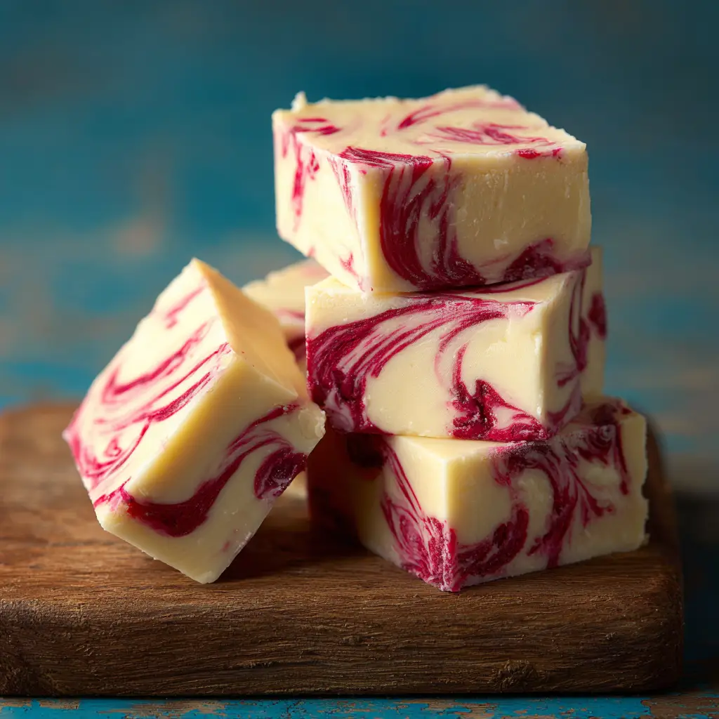 A lifestyle shot of the process of making the fudge, showing raspberry jam being swirled into the white chocolate base in a baking pan.