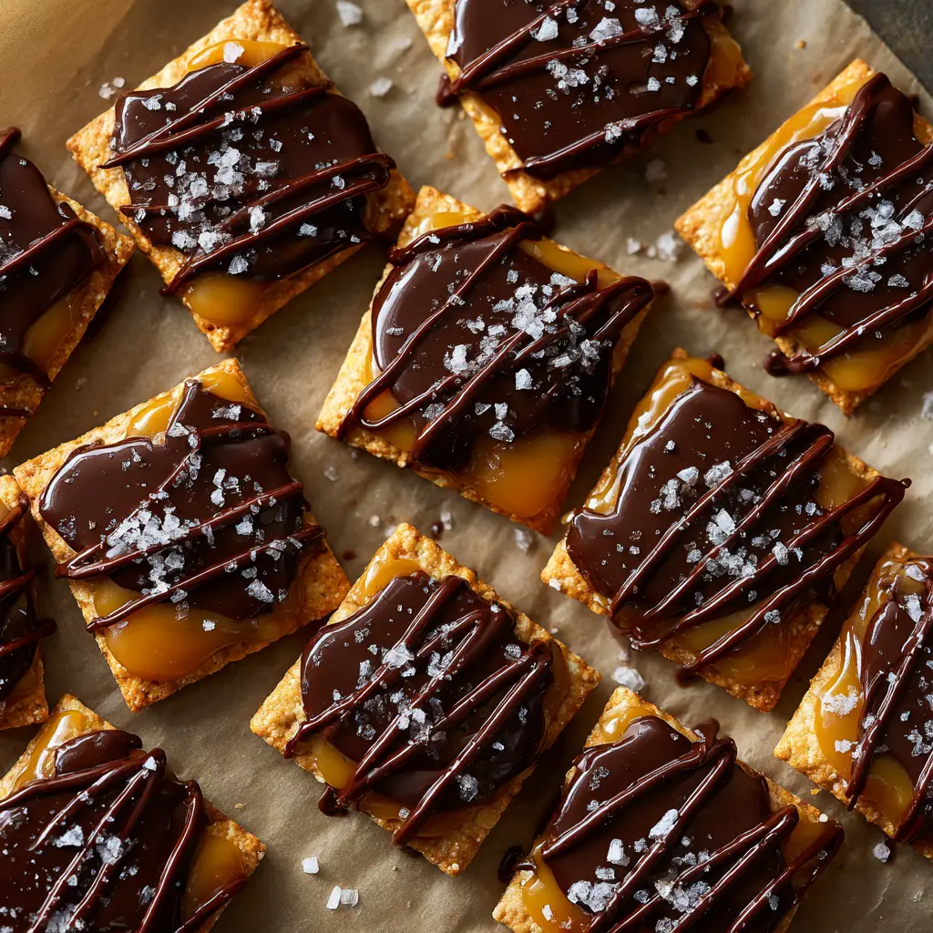 A baker spreading melted chocolate over the hot caramel and cracker base for the salted caramel cracker bites recipe.