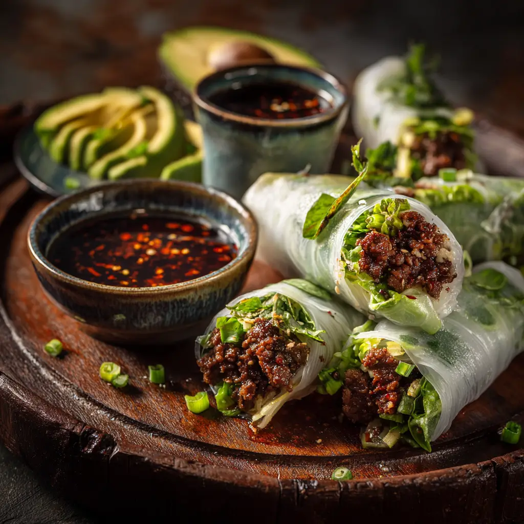 Thai Basil Beef Rolls (Easy & Fresh Recipe) 3 A close-up of Thai basil beef summer rolls being assembled on a wooden board, showing the process of layering ingredients.