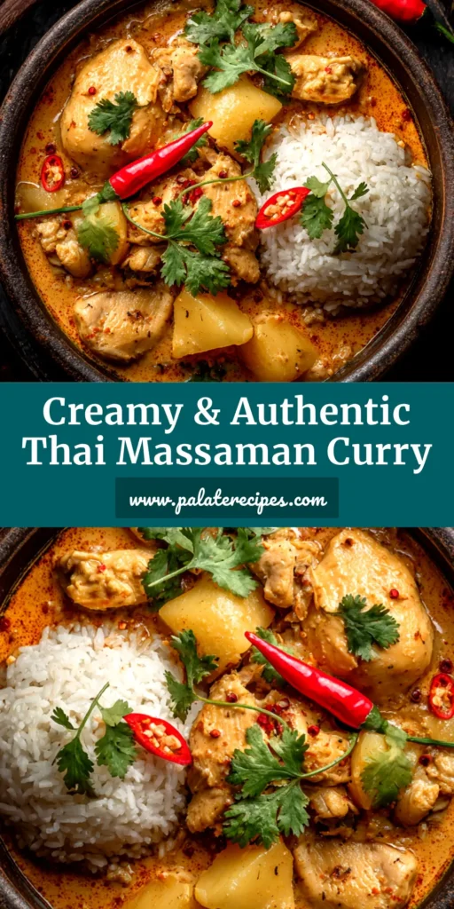 Massaman Curry Recipe (Authentic & Easy) 4 A beautiful bowl of homemade Massaman Curry, featuring tender chicken and potatoes in a rich, creamy sauce, garnished with peanuts. This image showcases the final result of our authentic Massaman Curry Recipe.