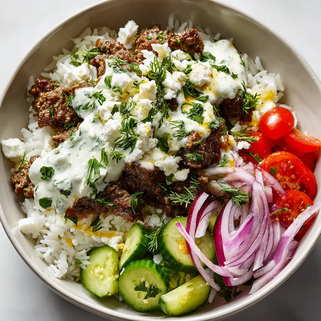 A beautiful composition of a Mediterranean lamb bowl, featuring all the components like feta cheese, olives, and red onion.