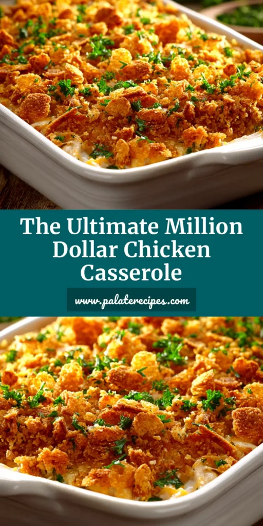 A top-down view of a golden-brown Million Dollar Chicken Casserole in a baking dish, ready to be served. The rich, creamy texture is visible beneath the crispy cracker topping.