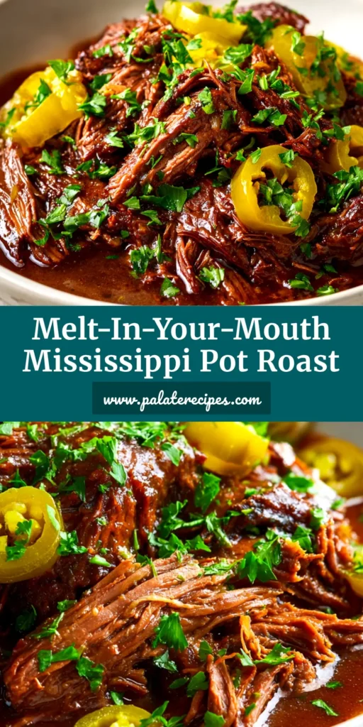 A delicious Mississippi Pot Roast shredded in a slow cooker with rich gravy and pepperoncini peppers. The ultimate easy dinner recipe.