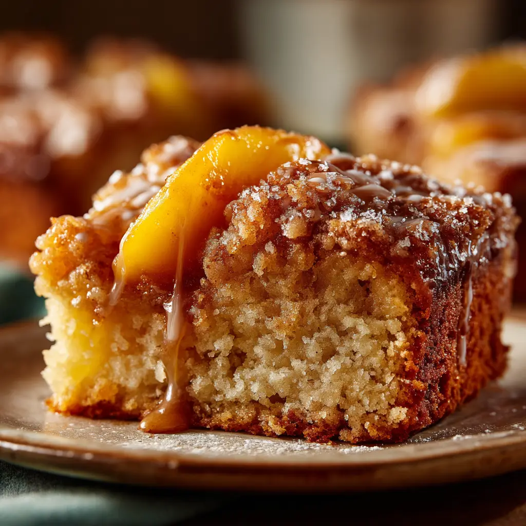 Easy Peach Cake Recipe (From Scratch!) 3 An extreme close-up of a moist peach coffee cake, emphasizing the tender crumb texture and chunks of sweet peaches.