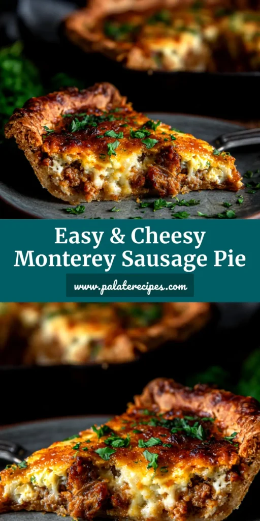 A golden-brown Monterey Sausage Pie in a pie dish, with a slice removed to show the cheesy, savory filling. The perfect easy recipe for dinner or brunch.