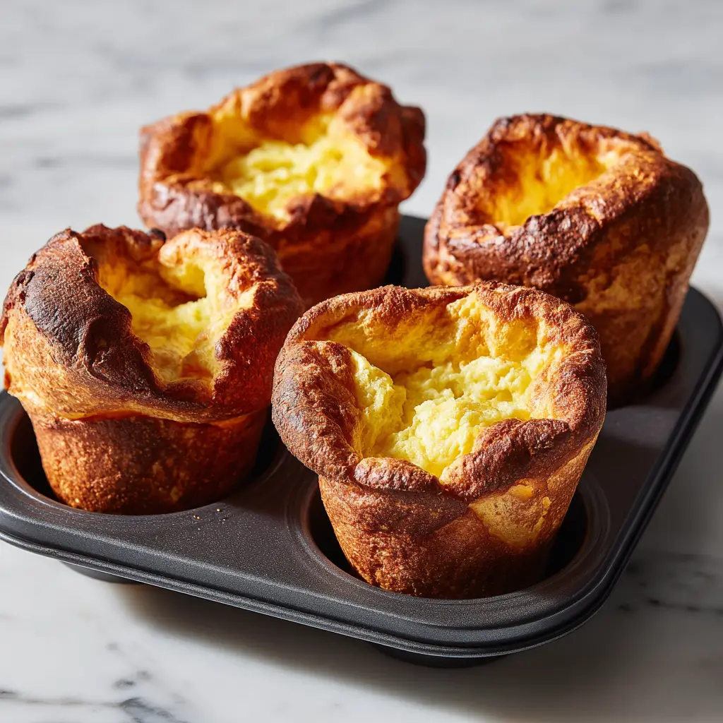 A single Muffin Tin Popover broken open to show the steamy, hollow interior.
