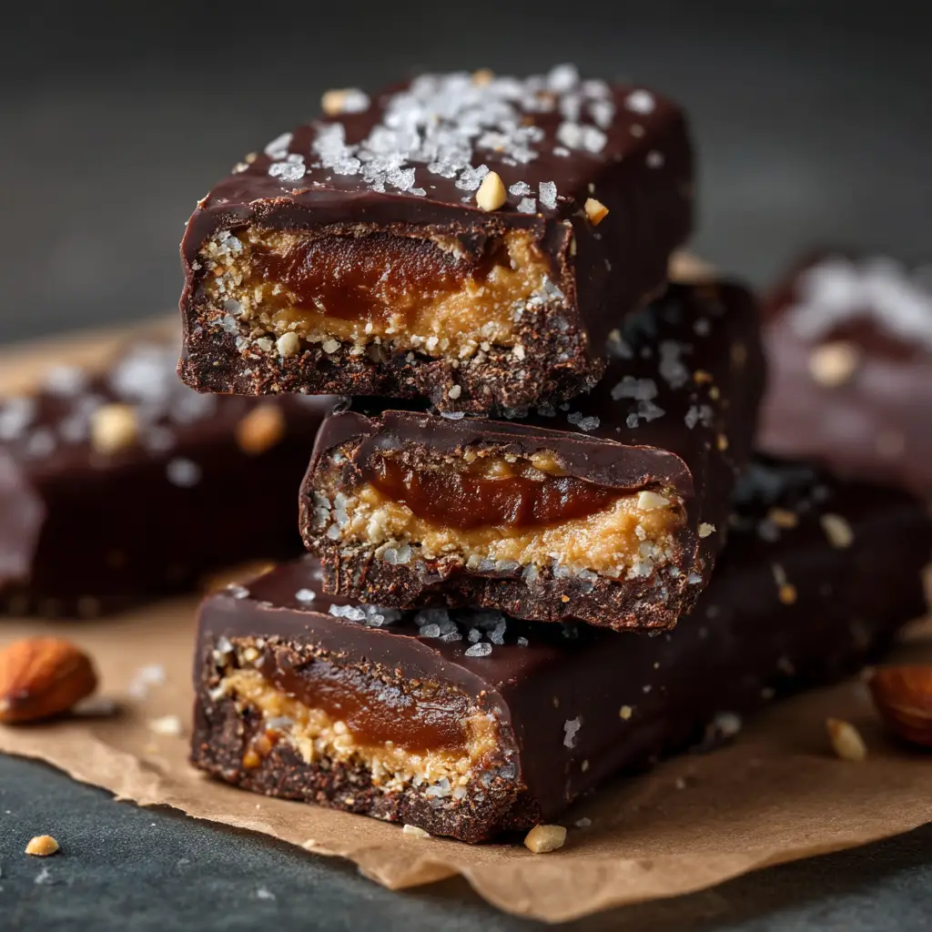 Date Snickers Recipe (The Viral Healthy Treat) 2 A stack of finished Date Snickers bars, showing the gooey caramel-like date, peanut butter filling, and hard chocolate shell. A delicious no-bake dessert.