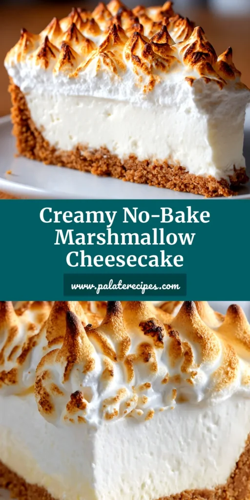 A tall, perfect slice of no-bake marshmallow cheesecake on a white plate, showcasing its light and fluffy texture. The buttery graham cracker crust is clearly visible.