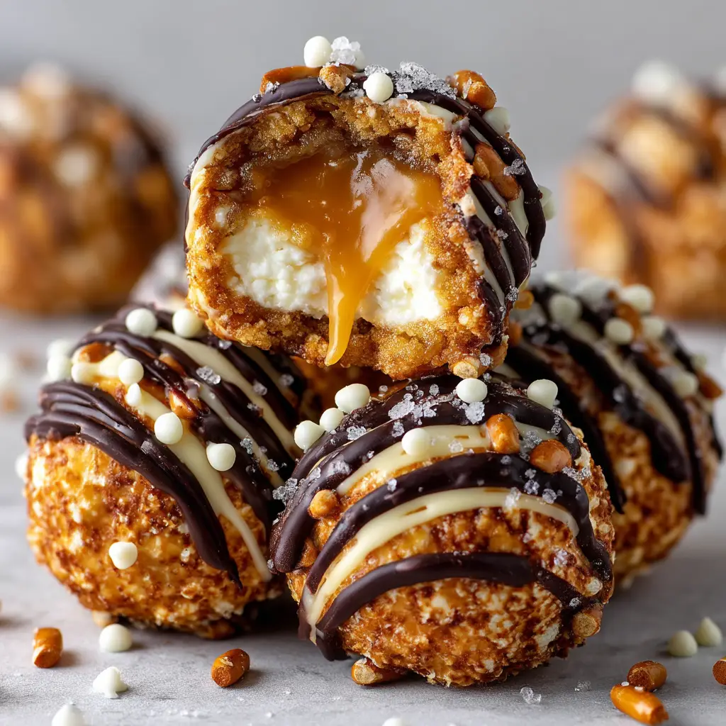 Salted Caramel Pretzel Cheesecake Balls: The Ultimate Sweet & Salty Treat 3 A close-up shot of several no-bake pretzel cheesecake bites stacked on a plate, showcasing their glossy chocolate coating and caramel drizzle.