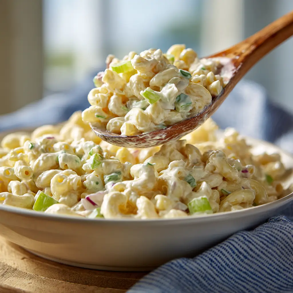 A spoonful of old-fashioned macaroni salad being lifted from a bowl, highlighting its rich and creamy consistency for this classic summer side dish.