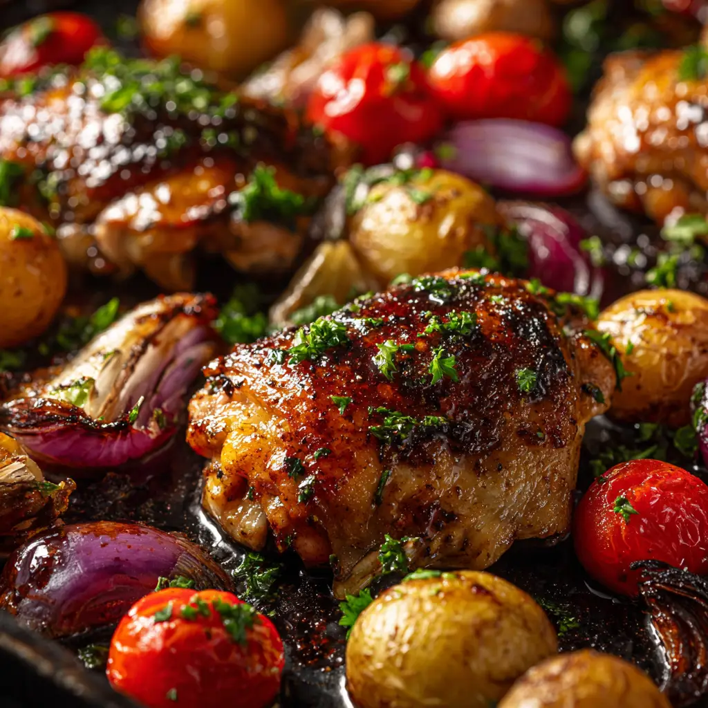 Sheet Pan Balsamic Chicken: The Easiest Weeknight Dinner 2 A serving of the one pan balsamic chicken and veggies on a plate, showcasing the vibrant colors of the broccoli, tomatoes, and peppers.