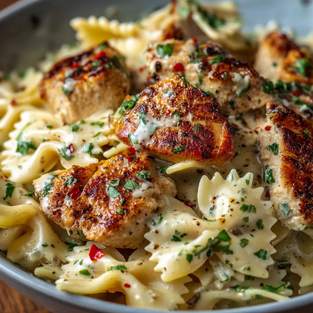 A pan of one-pan chicken pasta being prepared, with fettuccine simmering in a garlic butter sauce, ready for the final ingredients.