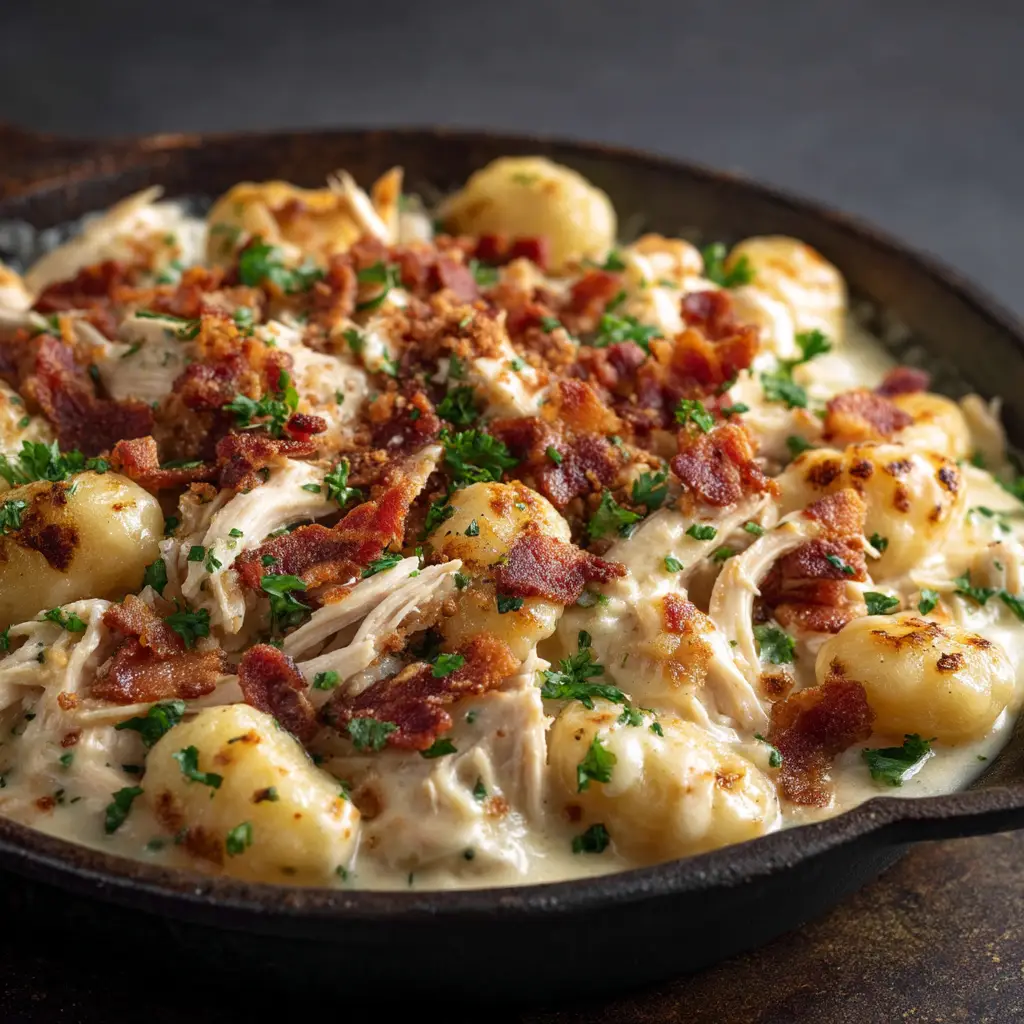 A spoonful of the one-pan chicken gnocchi being lifted from the pan, showcasing the creamy sauce and ingredients.