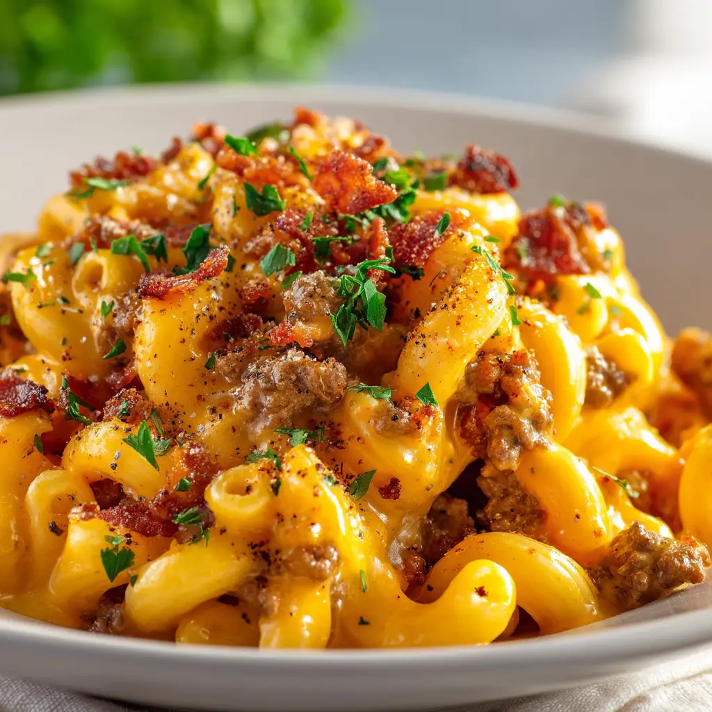 A spoonful of one-pot cheeseburger pasta being lifted from a skillet, showing off the melted cheese and savory ingredients.