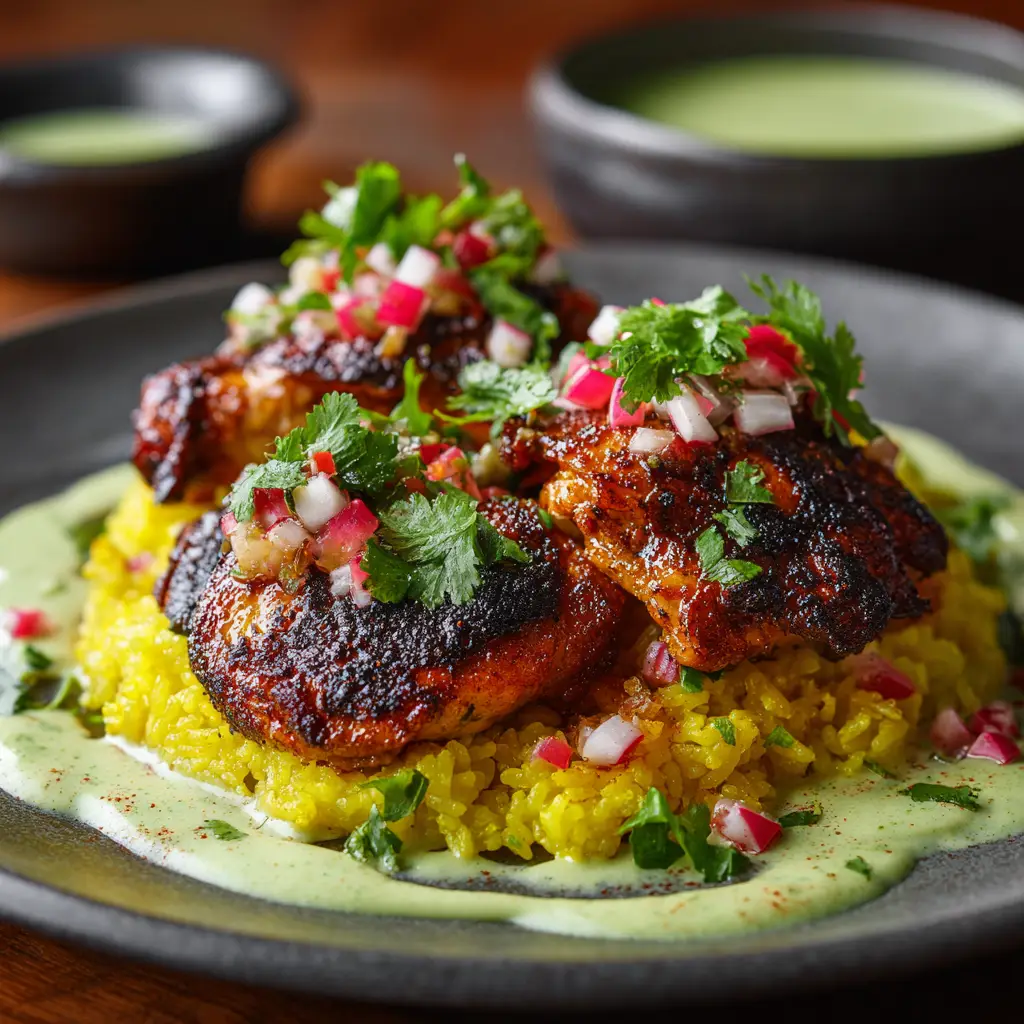 A Dutch oven filled with freshly cooked Peruvian Chicken and Rice, showcasing the vibrant colors of the dish just after cooking.