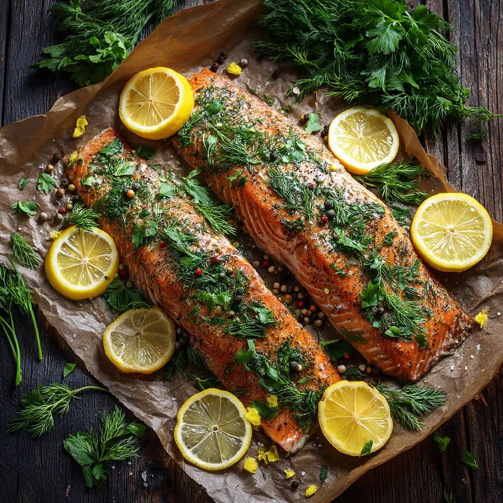Lemon Dill Baked Salmon (Easy, Healthy & Delicious!) 3 Two fillets of oven-baked lemon dill salmon resting on a rustic wooden board, ready to be served.