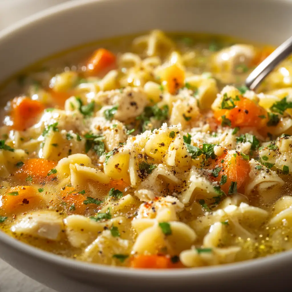Pastina Soup Recipe (The Ultimate Comfort Food) 2 A spoonful of pastina soup being lifted from a bowl, showcasing the small star-shaped pasta in a rich, buttery broth.