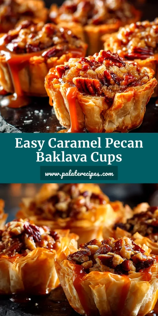 A close-up shot of several Pecan Caramel Baklava Cups arranged on a platter, with a caramel drizzle. The title 'Pecan Caramel Baklava Cups' is overlaid on the image.