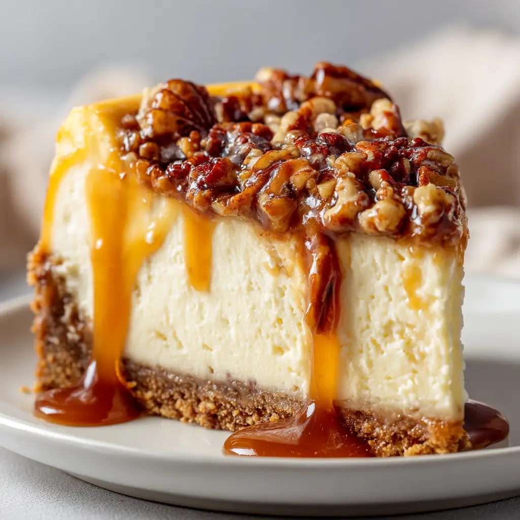 Pecan Pie Cheesecake: The Ultimate Holiday Dessert 3 A perfect slice of pecan pie cheesecake on a white plate, highlighting the distinct layers of graham cracker crust, creamy cheesecake filling, and gooey pecan topping.