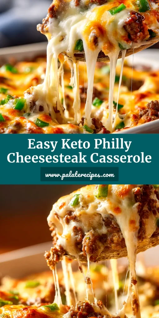 A delicious and easy Philly Cheesesteak Casserole in a white baking dish, showcasing the melted provolone cheese, tender steak, and vibrant peppers and onions.