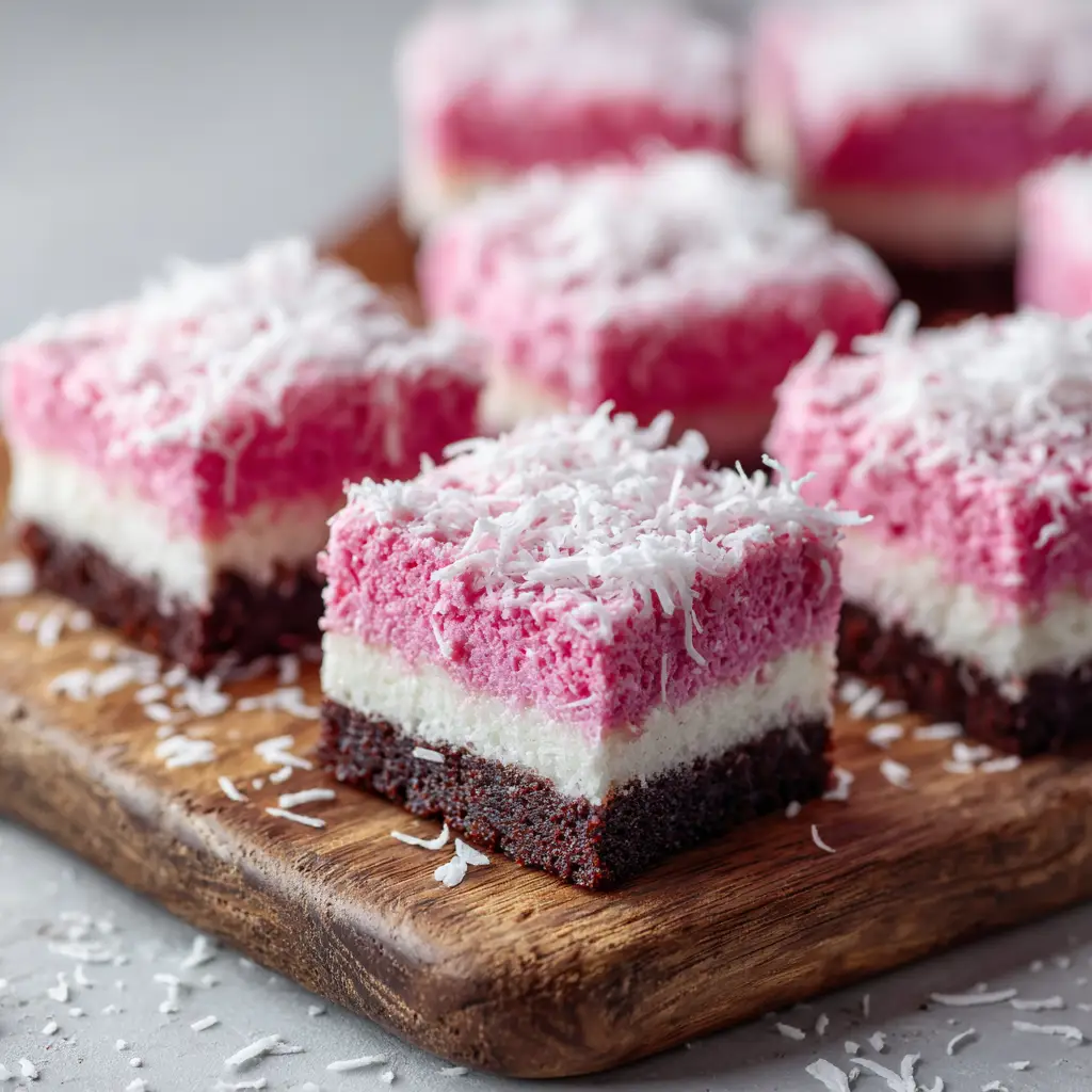 Pink Coconut Snowball Cake Bars (The Perfect Party Treat) 3 An overhead shot of marshmallow coconut cake bars arranged neatly on a serving plate. The texture of the pink coconut topping is clearly visible, making the dessert look irresistible.