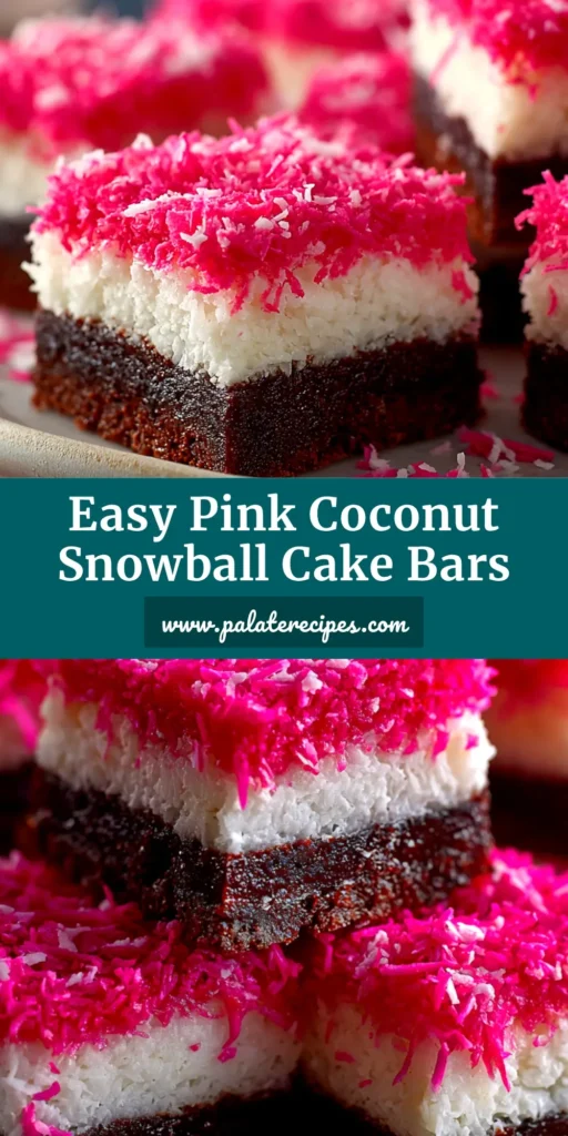A stack of delicious Pink Coconut Snowball Cake Bars, showing the moist cake, fluffy frosting, and vibrant pink coconut coating.