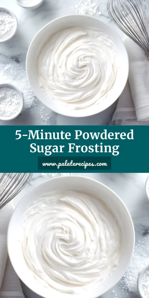 A bright white bowl filled with smooth, creamy powdered sugar frosting, with a whisk resting inside. The perfect easy icing for any dessert.