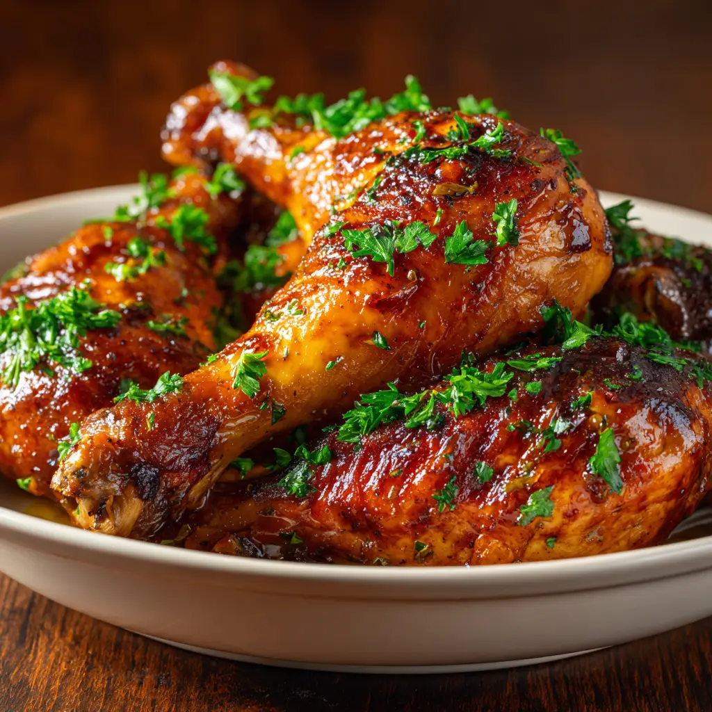 Chicken legs being coated in a savory garlic butter sauce inside a slow cooker before cooking.
