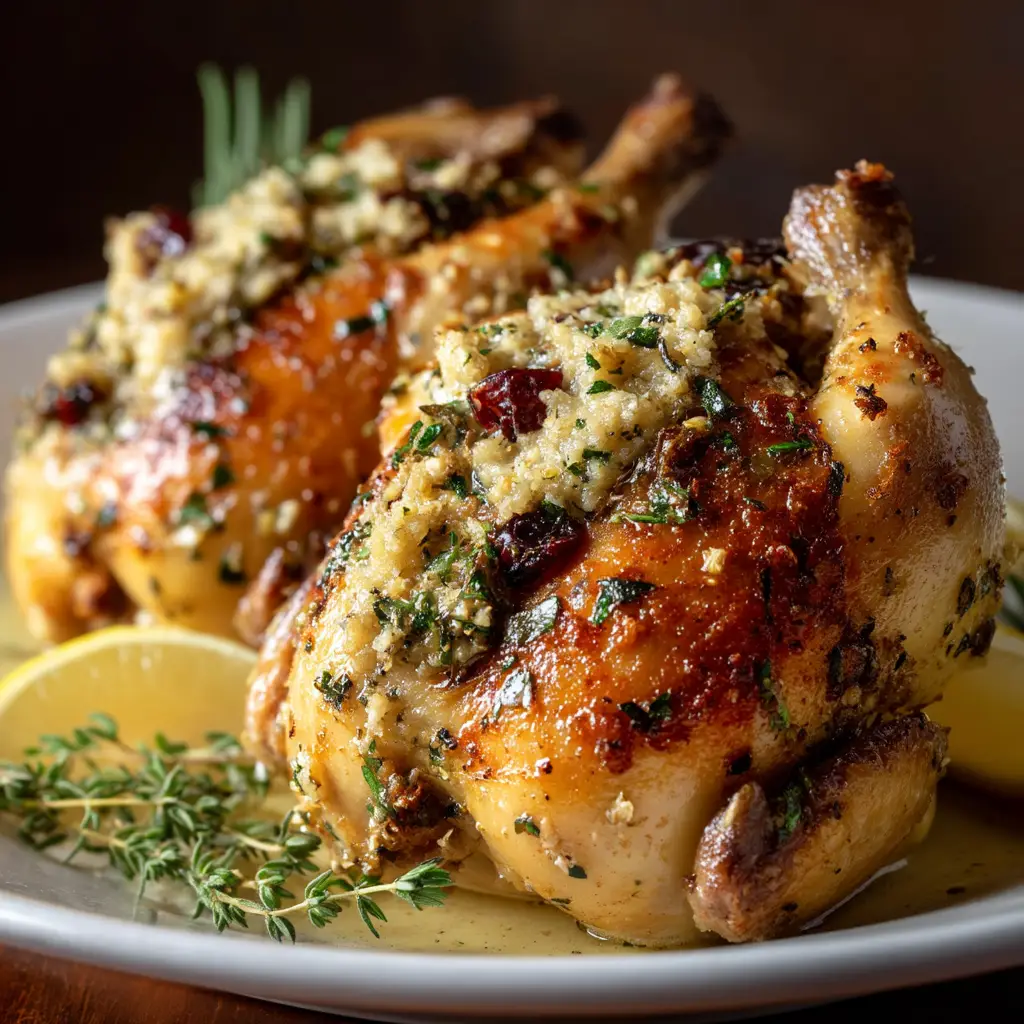 A stuffed Cornish hen being prepared for the oven, with its legs tied together with kitchen twine in a roasting pan.