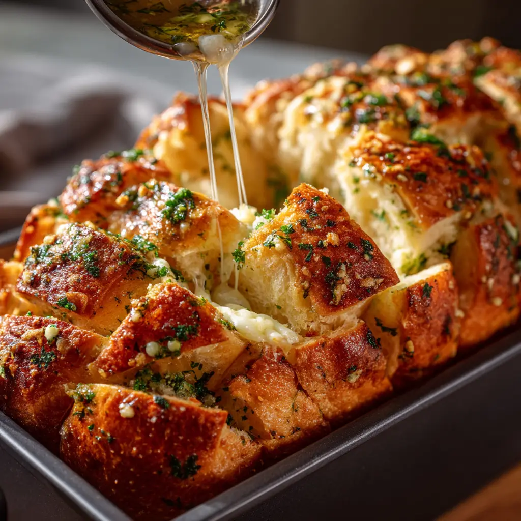 Sourdough Discard Garlic Pull Apart Bread (Easy & Cheesy!) 2 A close-up view of the fluffy, layered interior of the sourdough discard garlic pull-apart bread, with visible garlic butter and herbs.