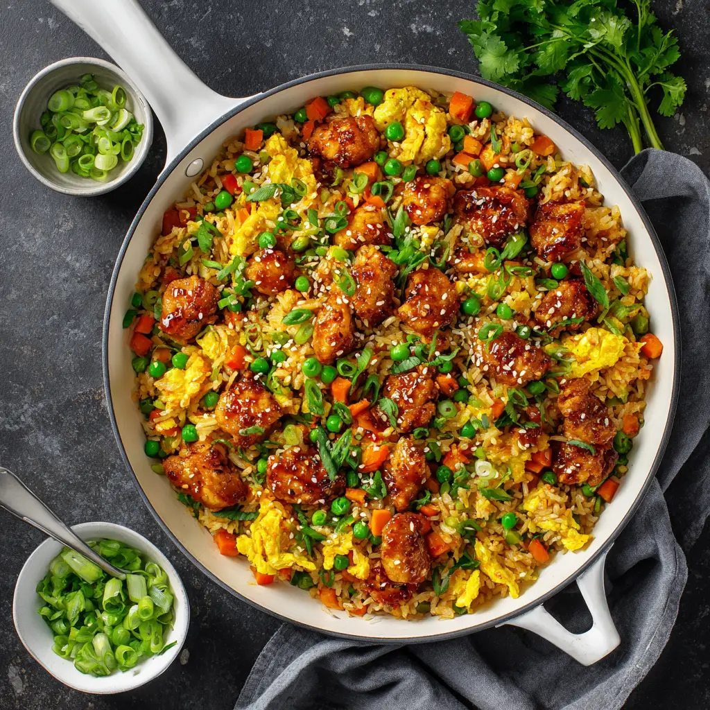 A vibrant bowl of chicken fried rice tossed in a creamy bang bang sauce, shown from above. Peas, carrots, and bits of egg are visible throughout the dish.
