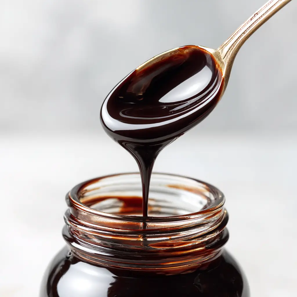 Homemade Chocolate Syrup (Better Than Store-Bought!) 3 An extreme close-up shot of a spoonful of thick, glossy homemade chocolate syrup, highlighting its smooth texture.