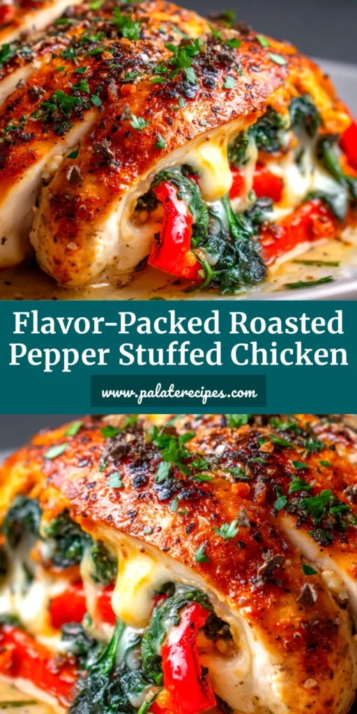 Roasted Red Pepper Stuffed Chicken (Juicy & Easy!) 5 A close-up shot of sliced Roasted Red Pepper Stuffed Chicken, showcasing the creamy, vibrant filling. Served on a white plate, ready to eat.