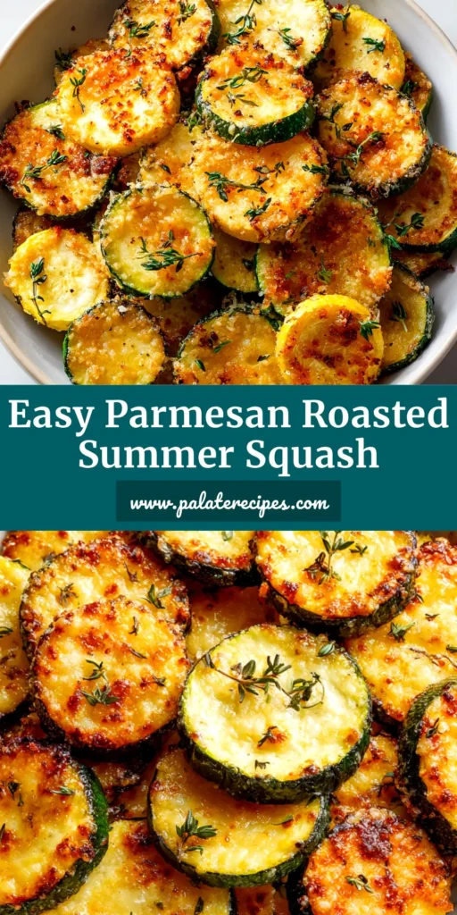 A close-up overhead shot of perfectly roasted summer squash with garlic and parmesan cheese on a baking sheet. The squash is golden brown and caramelized.