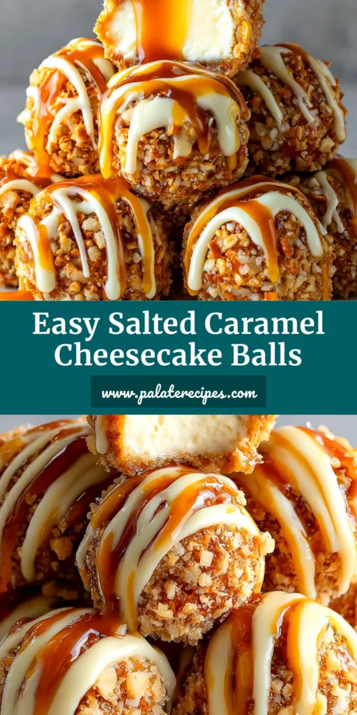 A stack of Salted Caramel Pretzel Cheesecake Balls on a white plate, showing the crunchy pretzel exterior and a gooey caramel center.