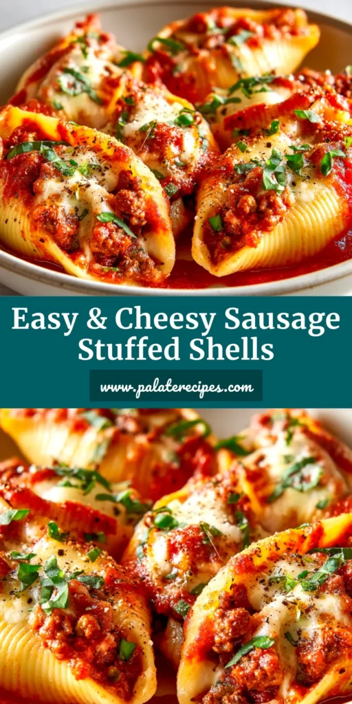 A close-up overhead shot of a baking dish filled with cheesy Sausage Stuffed Shells, fresh out of the oven with bubbly sauce and golden-brown mozzarella cheese.