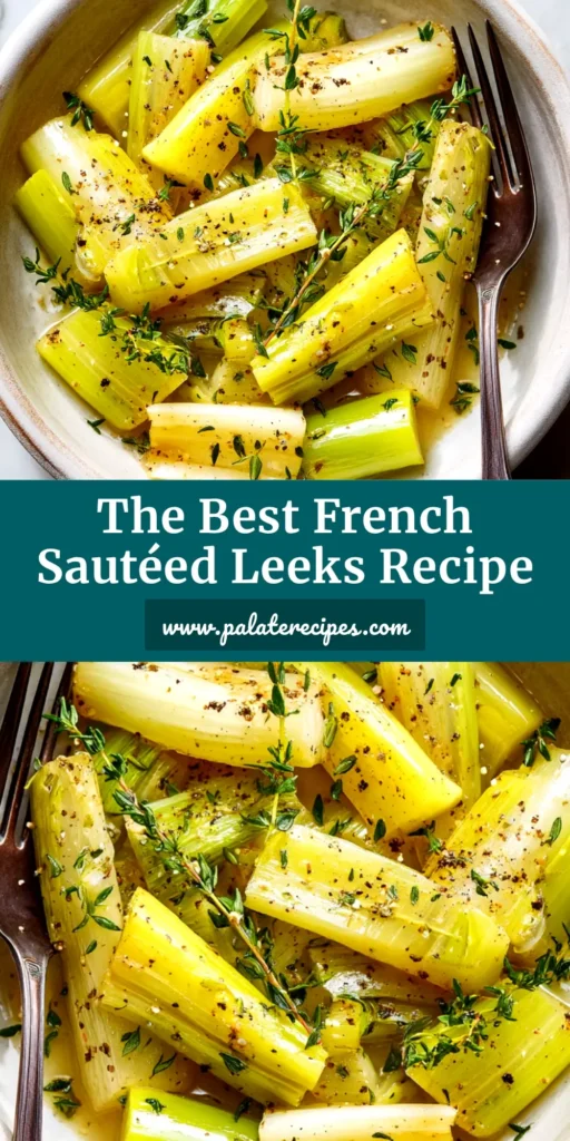 Sautéed Leeks: The Ultimate Guide to Perfect, Tender Leeks 4 A top-down shot of perfectly sautéed leeks in a cast-iron skillet, garnished with fresh thyme. The leeks are tender and slightly caramelized, showcasing an easy and elegant side dish recipe.