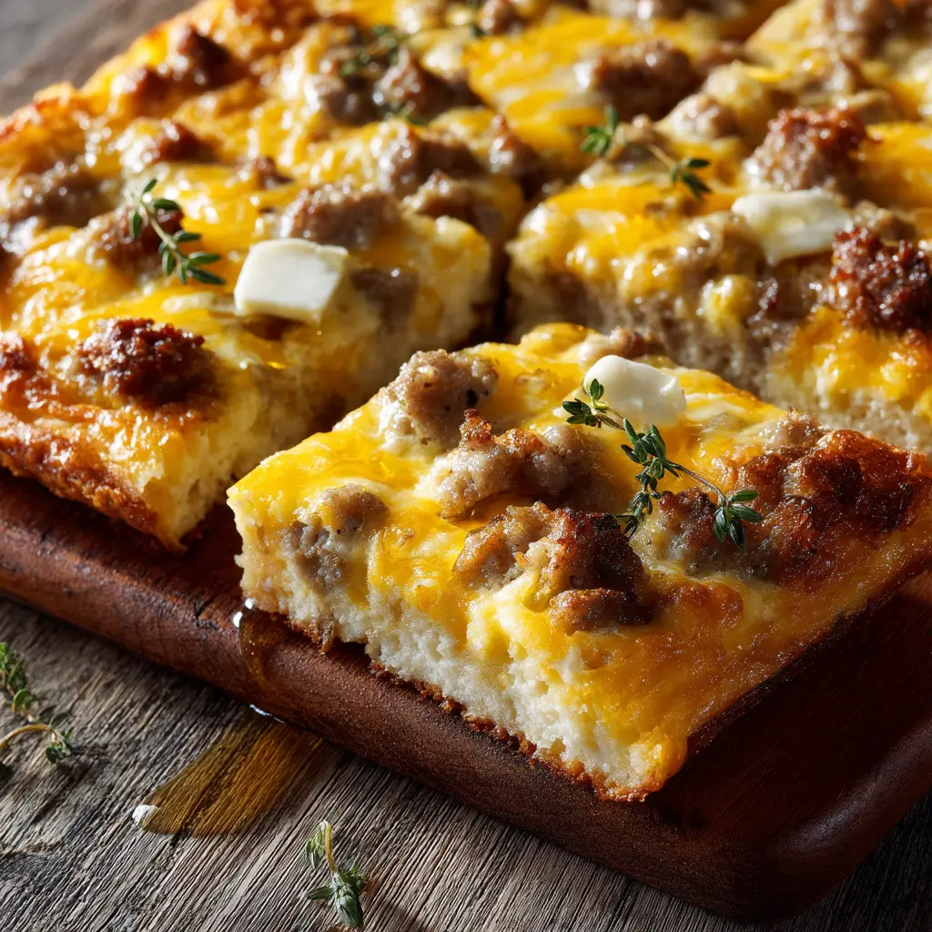 Sheet Pan Pancakes: The Ultimate Guide for a Crowd 3 A savory sheet pan pancake topped with herbs, cheese, and crumbled bacon, sliced into squares directly in the baking pan. An example of a creative pancake variation.