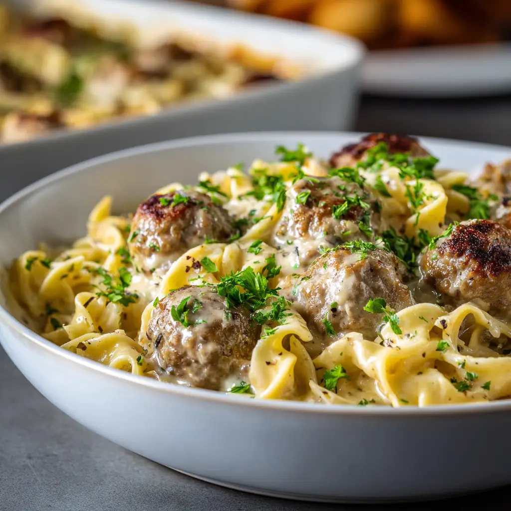 A forkful of the savory Swedish meatball bake with egg noodles and melted cheese, ready to be eaten.