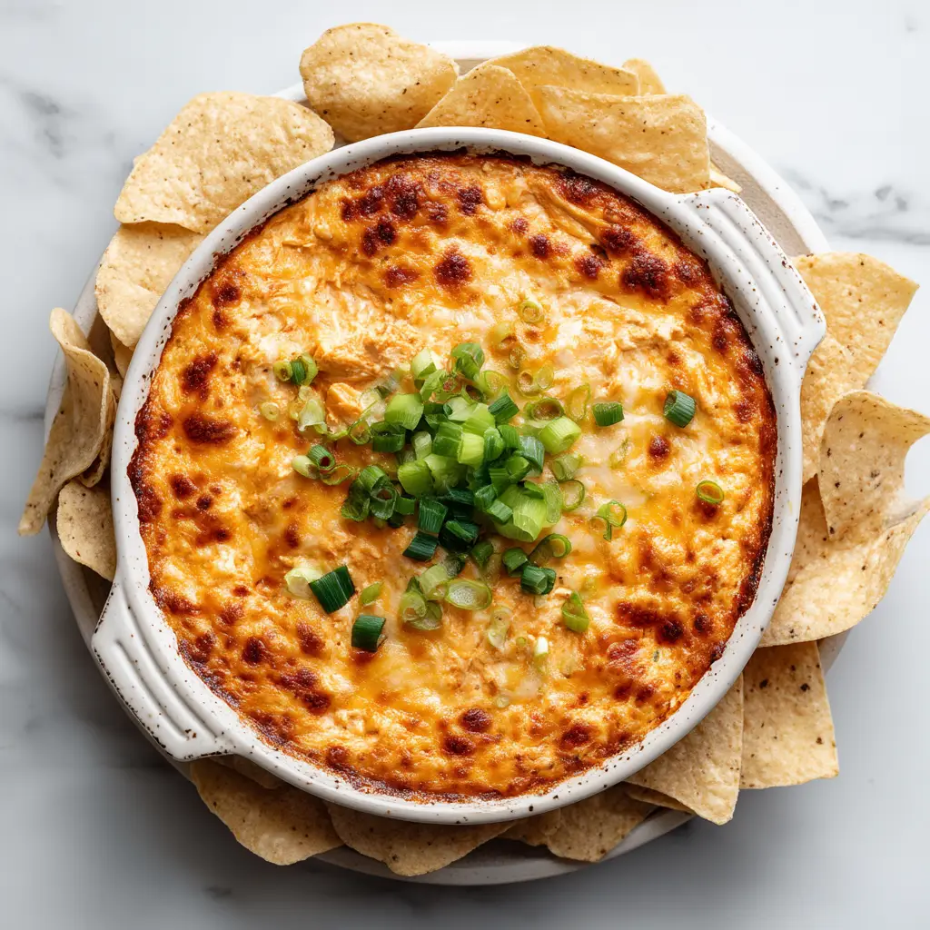 Buffalo Chicken Dip (The Only Recipe You'll Ever Need) 2 A scoop of creamy buffalo chicken dip on a tortilla chip, demonstrating the perfect texture for dipping and serving.