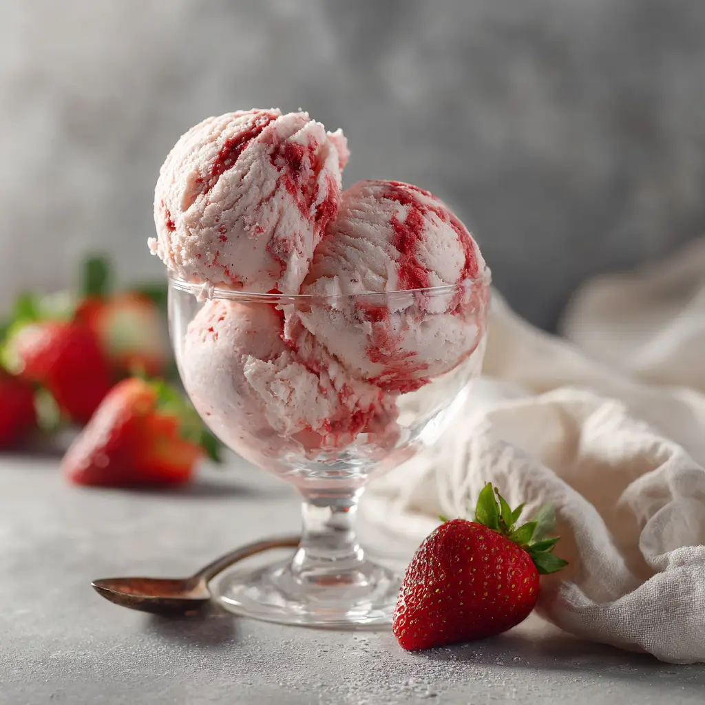 The smooth texture of strawberry cottage cheese ice cream being scooped from a container.