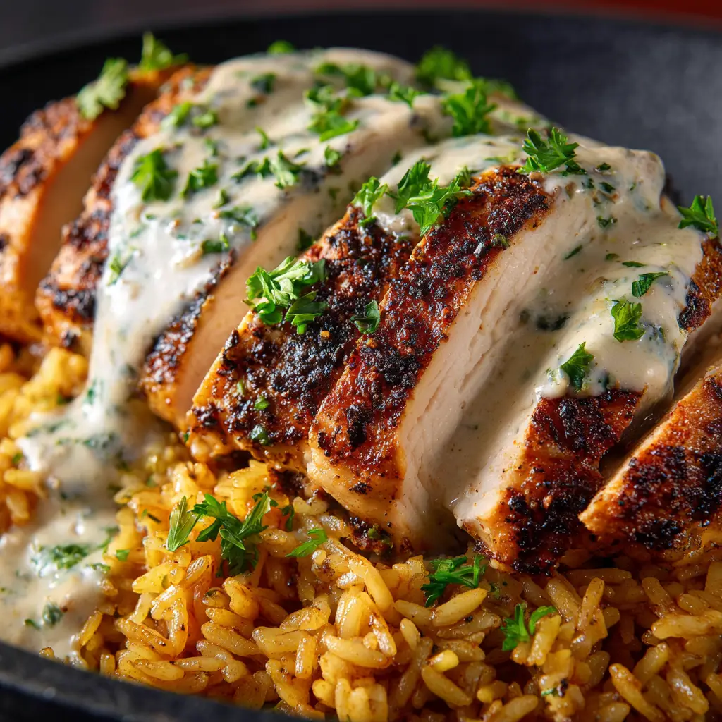 Creamy Cajun Chicken (Ready in 30 Minutes!) 3 A close-up shot of pan-seared chicken cutlets seasoned with a vibrant Cajun spice blend, resting on a plate next to the skillet.