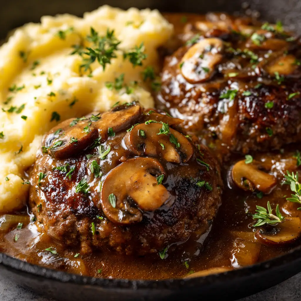 Tender ground beef patties for Salisbury steak being seared in a hot skillet to create a flavorful crust.