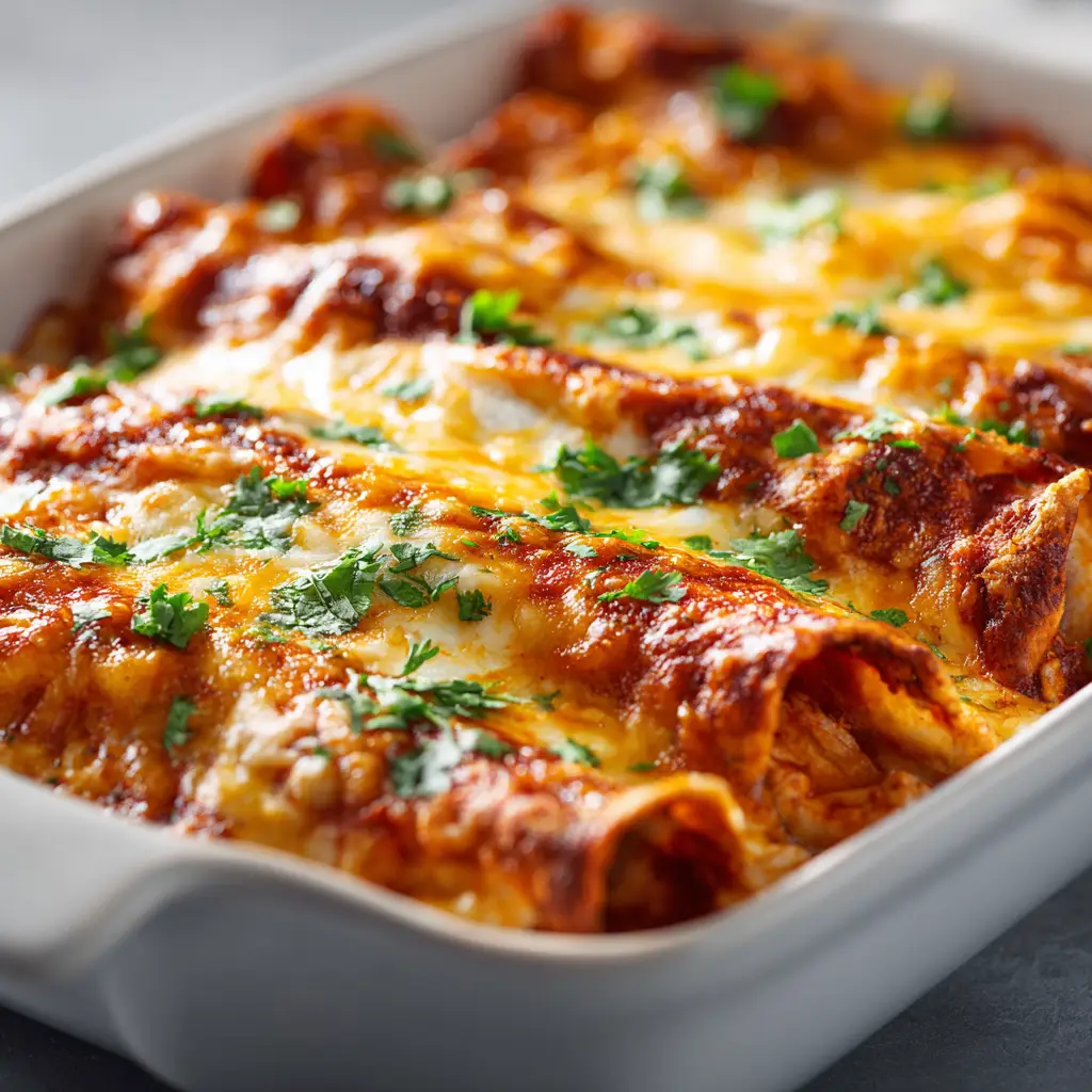 Cheesy Chicken Enchiladas: The Ultimate Comfort Food Recipe 2 A serving of cheesy chicken enchiladas being lifted from a baking dish with a spatula, creating a satisfying cheese pull.