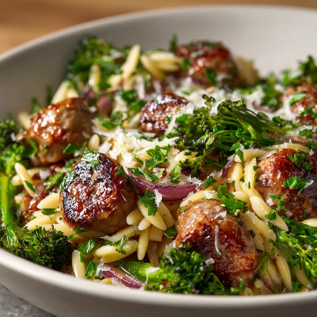 A spoonful of chicken sausage and broccoli orzo being lifted from a rustic bowl, showcasing the individual ingredients of this healthy orzo dinner.