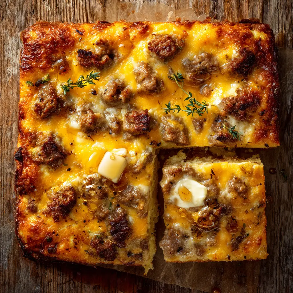 Sheet Pan Pancakes: The Ultimate Guide for a Crowd 2 A spatula lifting a perfect square piece of a golden-brown oven-baked pancake from a sheet pan, showing the light and fluffy texture inside.