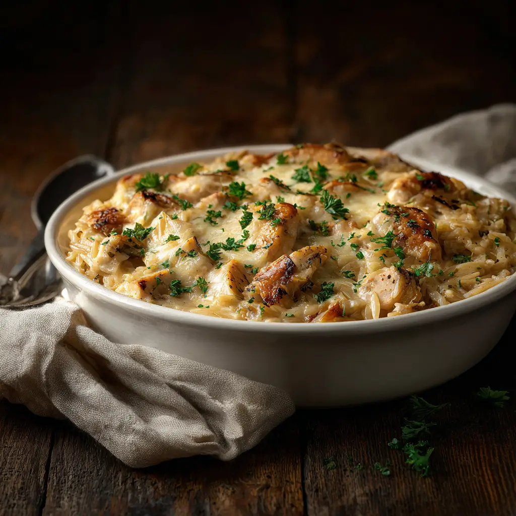 A scoop of the caramelized onion chicken casserole being lifted from the pan, showing the creamy orzo and tender chicken pieces.