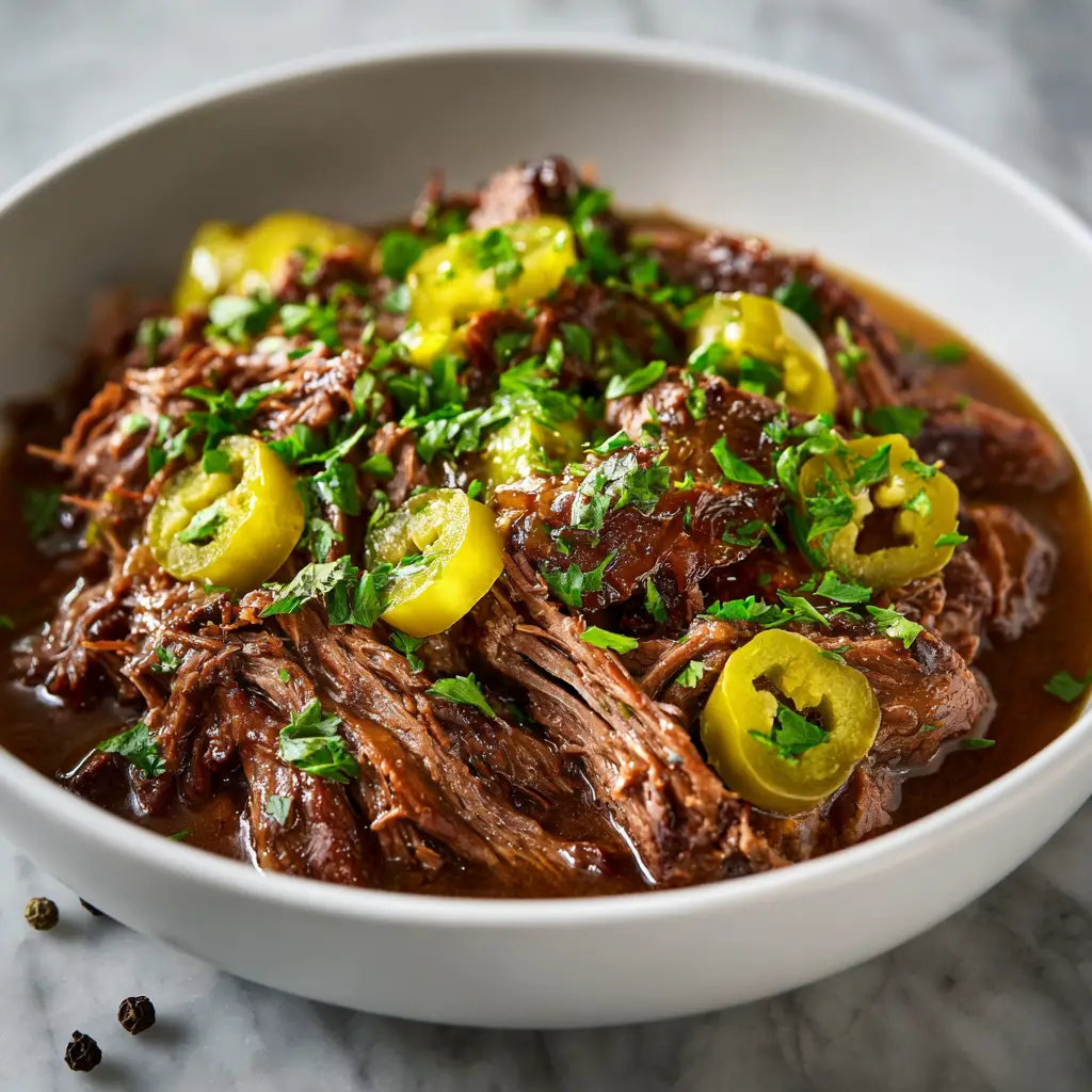 A beautiful serving of Mississippi Pot Roast over creamy mashed potatoes, ready to eat. A perfect example of a crock pot roast dinner.
