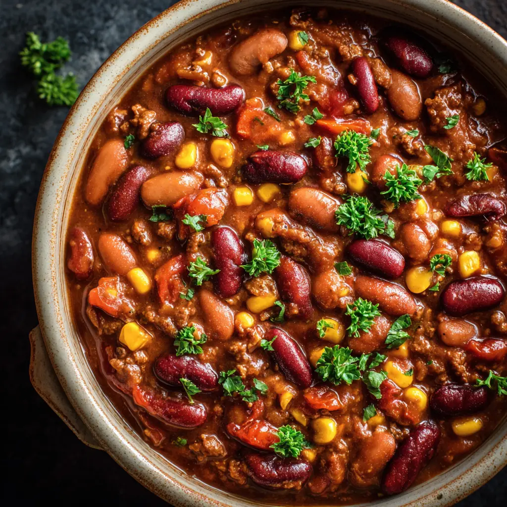 A spoonful of Southern-style cowboy beans being lifted from a bowl, showing the delicious mix of beans, beef, and sauce. The dish is ready to be served.